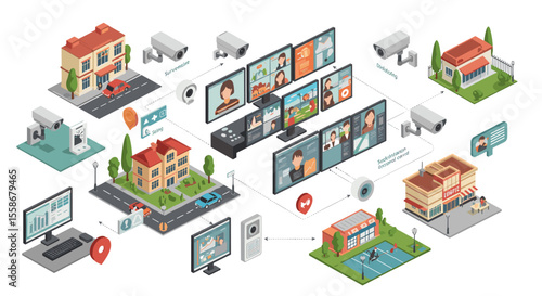 Smart city surveillance network vector illustration: isometric style design for technology brochure or poster