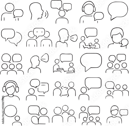 Speaking set of web icons in line style. Communication icons for web and mobile app. Containing people, communication, talking, discussion, speech bubble, team, support and more