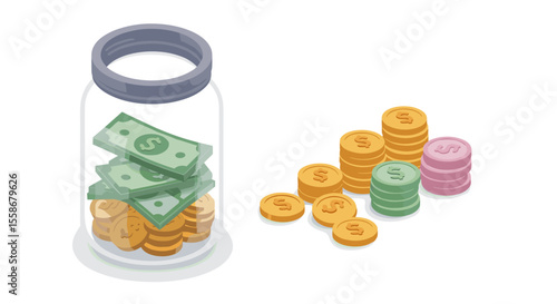 Financial planning vector illustration: savings and investments in isometric style for design use