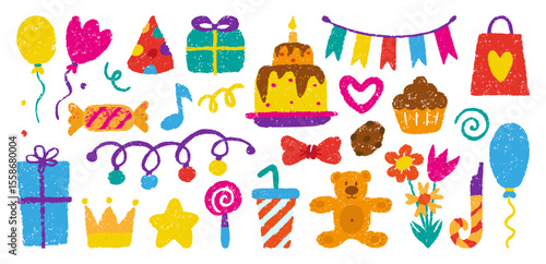 Birthday party pencil drawing. Crayon hand drawn gift box, garland, balloons, birthday cake. Isolated candy and muffin, desserts, neoteric vector set