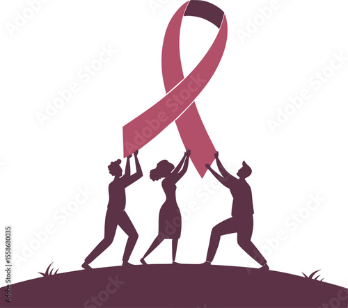 People holding up a pink ribbon for awareness isolated on transparent background