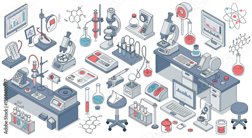 Scientific laboratory equipment and graphs vector illustration for educational design in isometric style