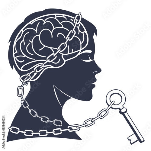 Head brain chained to key silhouette isolated on transparent background