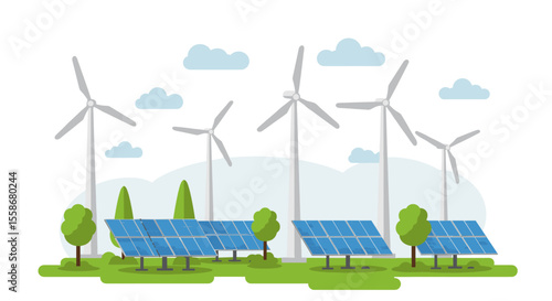 Sustainable energy solutions: vector illustration of wind turbines and solar panels in flat style