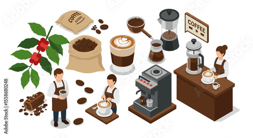 Coffee culture vector illustration: brewing methods and barista scenes in isometric style for cafe design