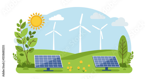 Renewable energy landscape: wind turbines and solar panels vector illustration for eco-friendly designs in flat style