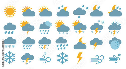 Weather icon set vector illustration: flat style design for forecasts and apps