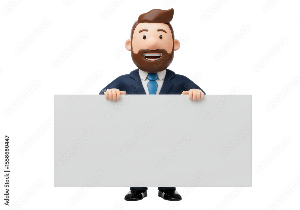 Cartoon businessman in suit holding a blank white sign isolated on transparent background Cartoon businessman in suit holding a blank white sign isolated on transparent background