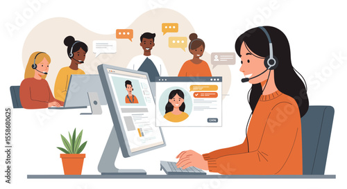 Customer support team vector illustration for workplace collaboration design in modern flat style
