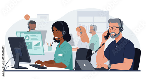 Busy customer service team vector illustration for business communication design in flat style