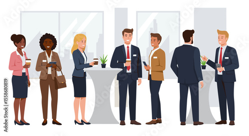Business networking event vector illustration: professional office gathering in modern flat style for poster design