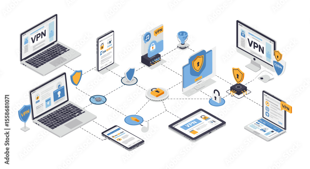 Cybersecurity network concept vector illustration for technology design in isometric style