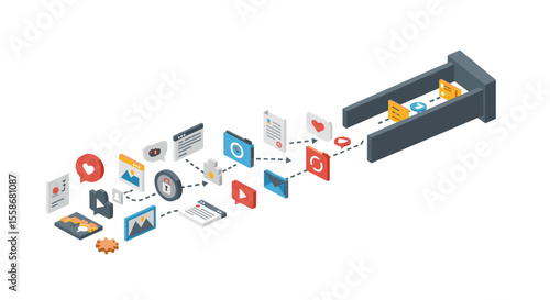 Isometric data flow and digital content management vector illustration for poster design