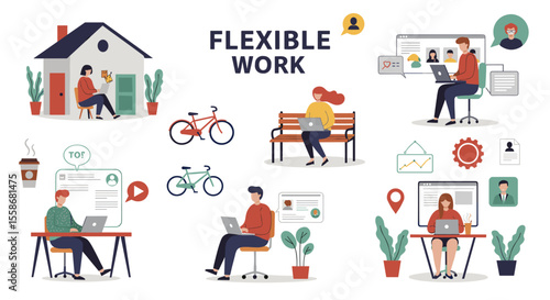 Flexible work: vector illustration of remote office, home, outdoor settings for digital, print, poster in modern flat style