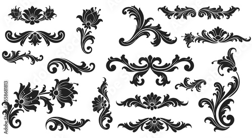 Ornamental floral elements vector illustration for elegant design in black silhouette style
