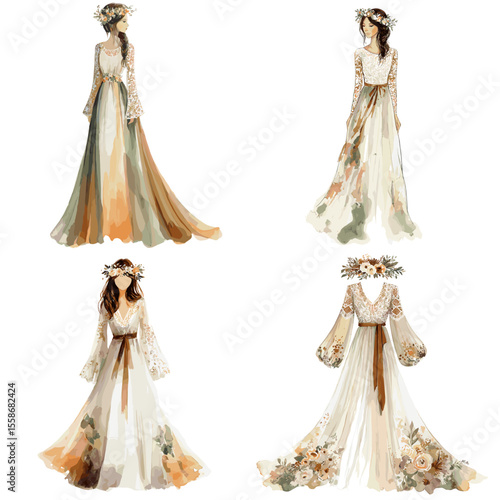 Bohemian-style watercolor illustrations of women in floral flowy dresses and flower crowns, ideal for festival fashion, rustic weddings, and boho branding.

