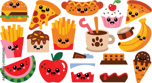 Cute Kawaii Cartoon Food Illustrations Set Burger Pizza Hotdog Fries Watermelon Apple Cupcake Banana Ice Cream