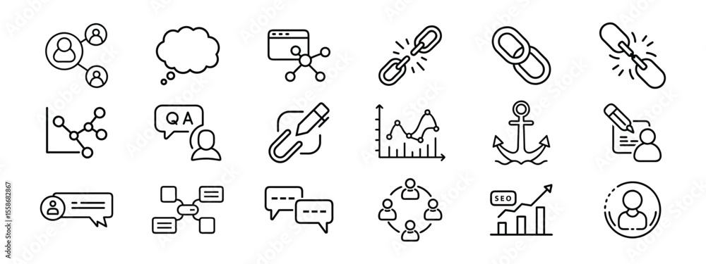 Naklejka premium Flat outline icon set of SEO strategy, link building, digital marketing, social media communication, profile optimization, Icons Set of Digital Communication, Networking, SEO, and Link Sharing