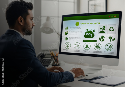 Monitoring Carbon Emissions A Business Approach to Sustainability. Green business corporate responsibility sustainable environment development goal. World environment day. Businessman use computer