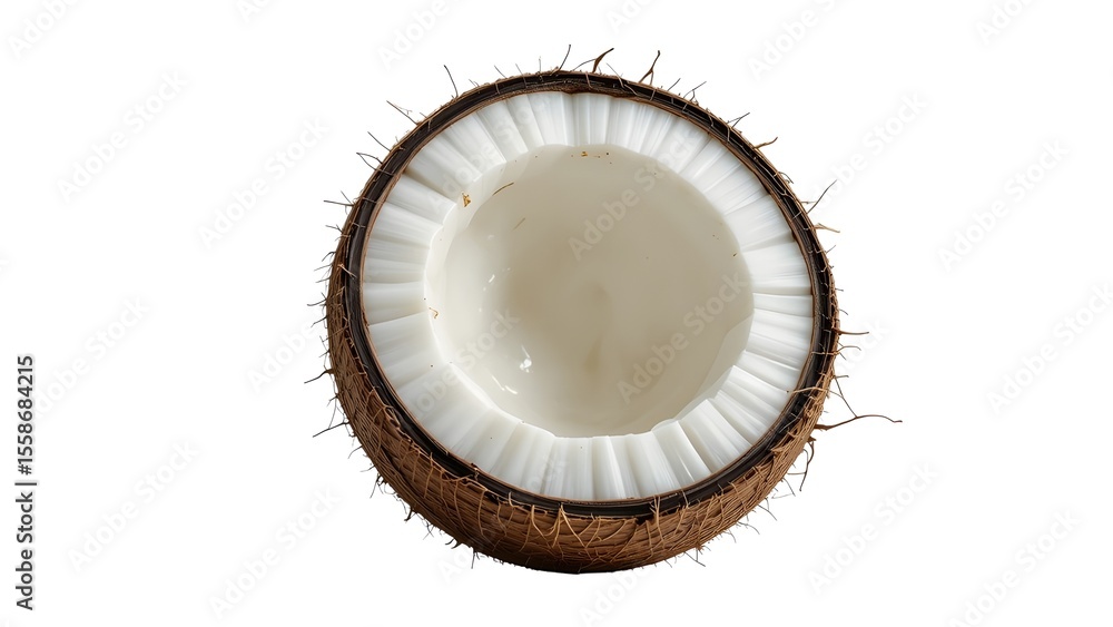 Isolated half coconut on white background for healthy food and tropical fruit nutrition concept design use on transparent background Isolated half coconut on white background for healthy food and tropical fruit nutrition concept design use on transparent background