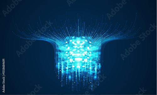 Abstract vector of glowing blue neural data stream with radial lines on dark background, ideal for AI systems, machine learning, information processing, and futuristic tech visualization.