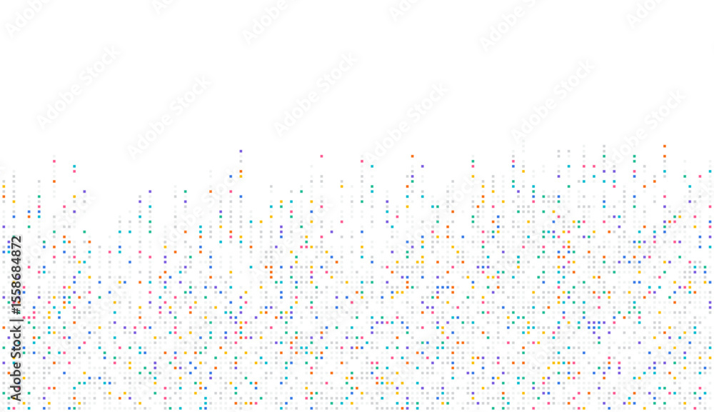 Abstract vector of colorful data pixel scatter on white background, ideal for big data visualization, AI learning flow, tech analytics, and digital information distribution design.