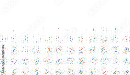 Abstract vector of colorful data pixel scatter on white background, ideal for big data visualization, AI learning flow, tech analytics, and digital information distribution design.