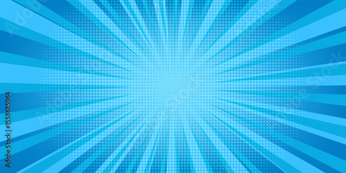 Comic background. Pop art texture. Starburst cartoon style. Anime design with explosion effect for print. Fun dot pattern. Blue backdrop with halftone gradient. Funny line frame. Vector illustration