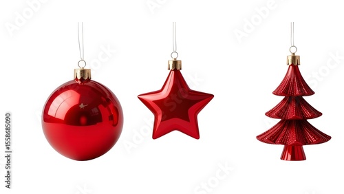 Red christmas ornaments ball star tree hanging decoration festive holiday season bright shiny isolated 3d render on transparent background