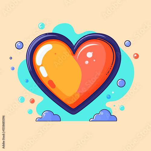 Vibrant Cartoon Heart with Orange and Red Hues and Blue Outline