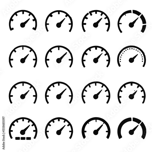 Varied speedometer icons showing different levels and styles in a grid arrangement