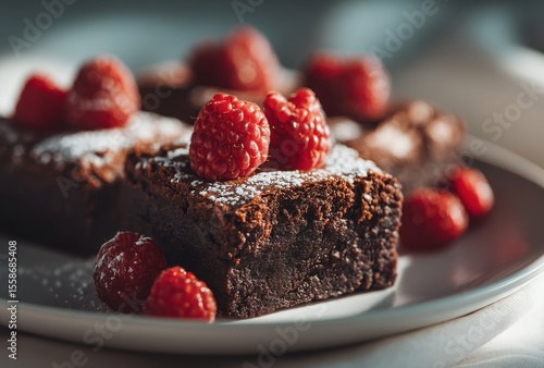 Decadent Brownies Topped with Fresh Raspberries Dusting of Powdered Sugar on Elegant Plate Natural Light Setting