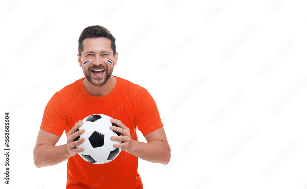 Excited fan with flags of Thailand painted on his face holding soccer ball against white background. Banner design with space for text Excited fan with flags of Thailand painted on his face holding soccer ball against white background. Banner design with space for text