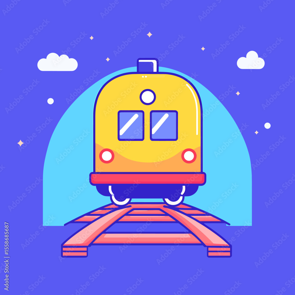 Fototapeta premium Cartoonish Yellow Train on Tracks with Blue Sky and Clouds.