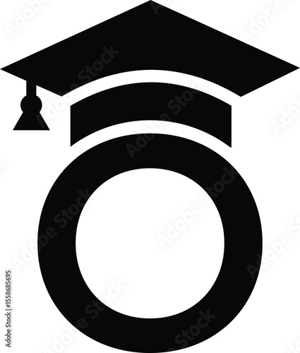Stylized educational typography featuring lowercase and uppercase letters topped with academic graduation caps, symbolizing modern learning and creative academic design, letter o education hat