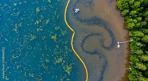 Fototapeta Naklejka Na Ścianę i Meble -  Aerial view of lake remediation project with floating boom, sediment removal, and lush forest shoreline.