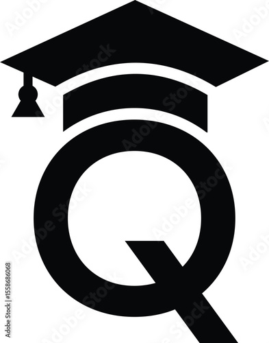 Stylized educational typography featuring lowercase and uppercase letters topped with academic graduation caps, symbolizing modern learning and creative academic design, letter q education hat