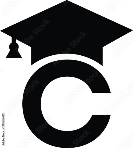 Stylized educational typography featuring lowercase and uppercase letters topped with academic graduation caps, symbolizing modern learning and creative academic design, letter c education hat