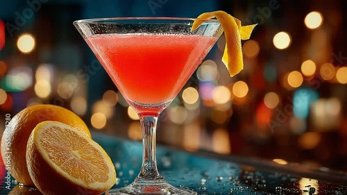 Elegant Cosmopolitan Cocktail Garnished with Orange Peel and Fresh Orange Slice