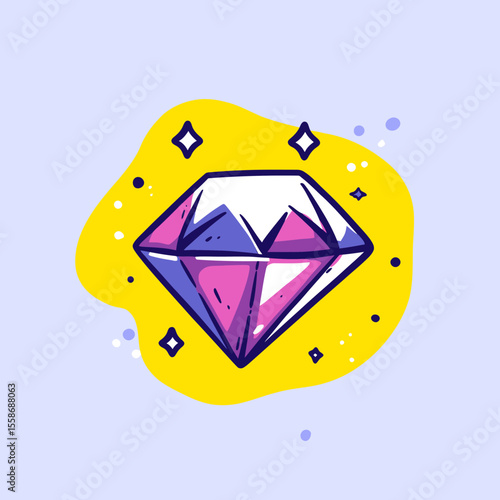 Stylized Diamond with Pink and Purple Facets on a Yellow Splash