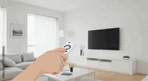 Hand holding remote control in modern living room with TV  