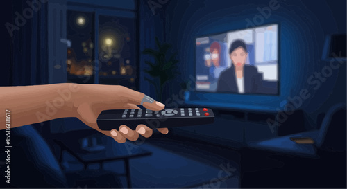 Hand holding remote control while watching TV news in dark room  