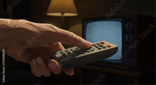 Hand reaching for remote control to turn on vintage television  
