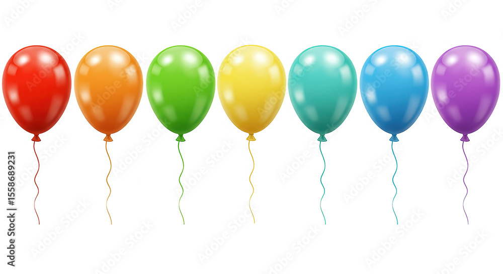 Seven colorful balloons arranged in a row isolated on transparent background Seven colorful balloons arranged in a row isolated on transparent background