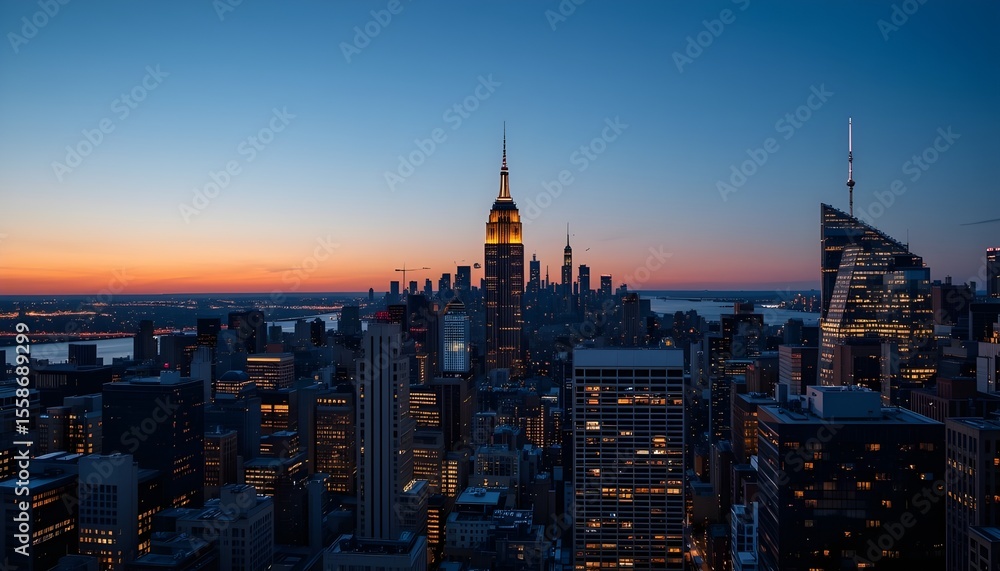 Fototapeta premium Manhattan Skyline Panorama at Dusk with Iconic New York City Buildings and Twilight Sky