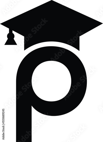 Stylized educational typography featuring lowercase and uppercase letters topped with academic graduation caps, symbolizing modern learning and creative academic design, letter p education hat