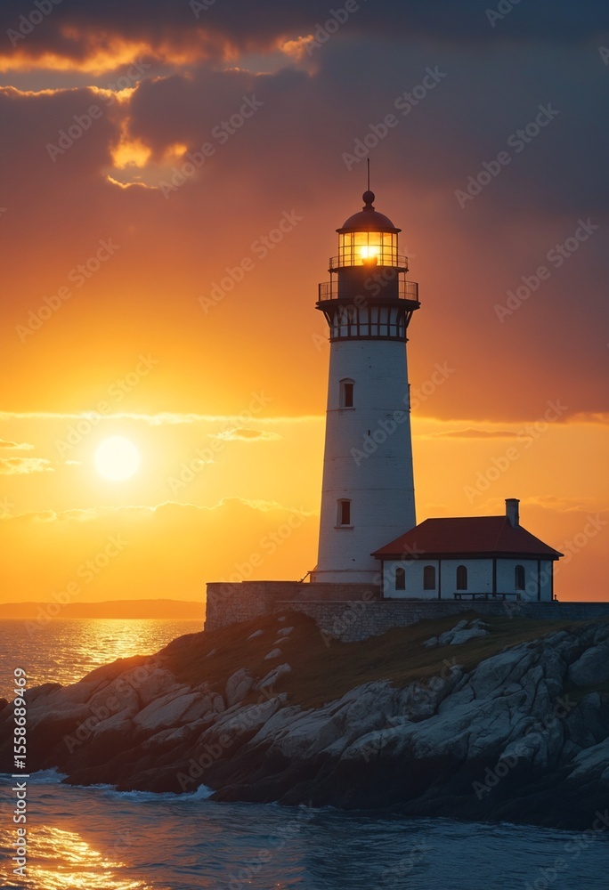 Naklejka premium A lighthouse stands tall on a small island, bathed in the golden light of a stunning sunset, creating a serene and captivating scene