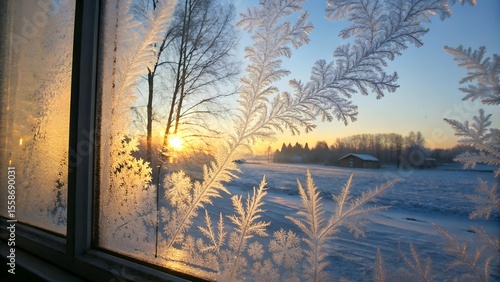  Intricate frosty patterns adorn window glass illuminated by golden sunlight shining through the blue sky at winter sunrise.