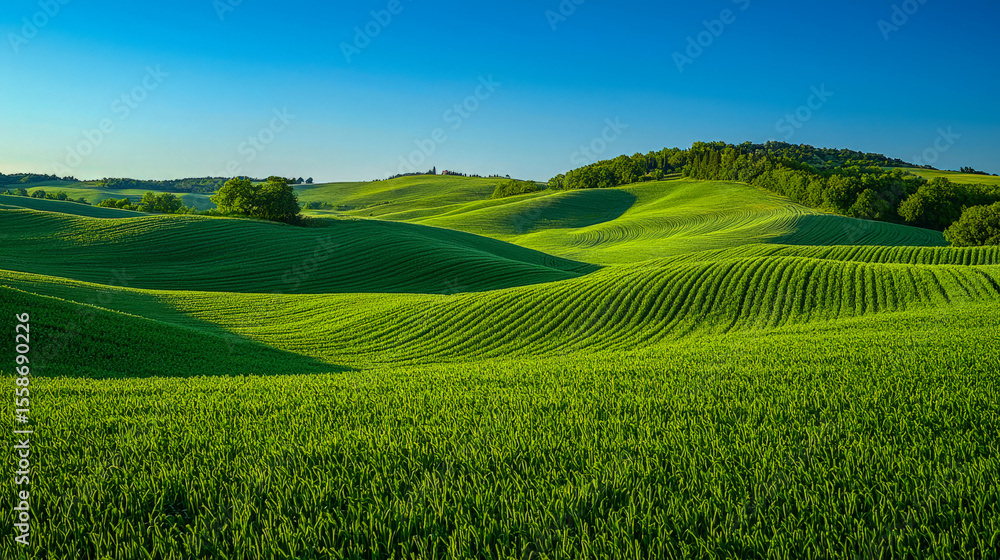 Naklejka premium Serene rolling green hills under a clear blue sky