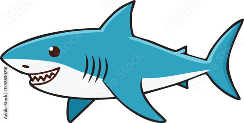 Cartoon illustration of a blue shark with a friendly smile, showcasing its teeth and gills.